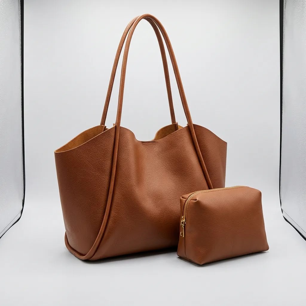 Kahverengi Yumuşak Deri Omuz Çantası 31×24 cm Ekstra Makyaj Çantalı Günlük Kadın Çanta
