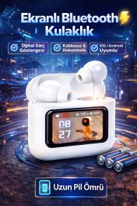 TWS Ekranlı Bluetooth Kulaklık – Dijital Şarj Göstergeli, Dokunmatik, Uzun Pil Ömrü – Beyaz