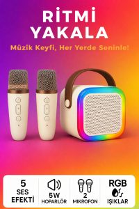 Kablosuz Karaoke Mikrofon Seti 2’li + RGB Işıklı Bluetooth Hoparlör | Çocuk & Ev Eğlence Sistemi – Beyaz
