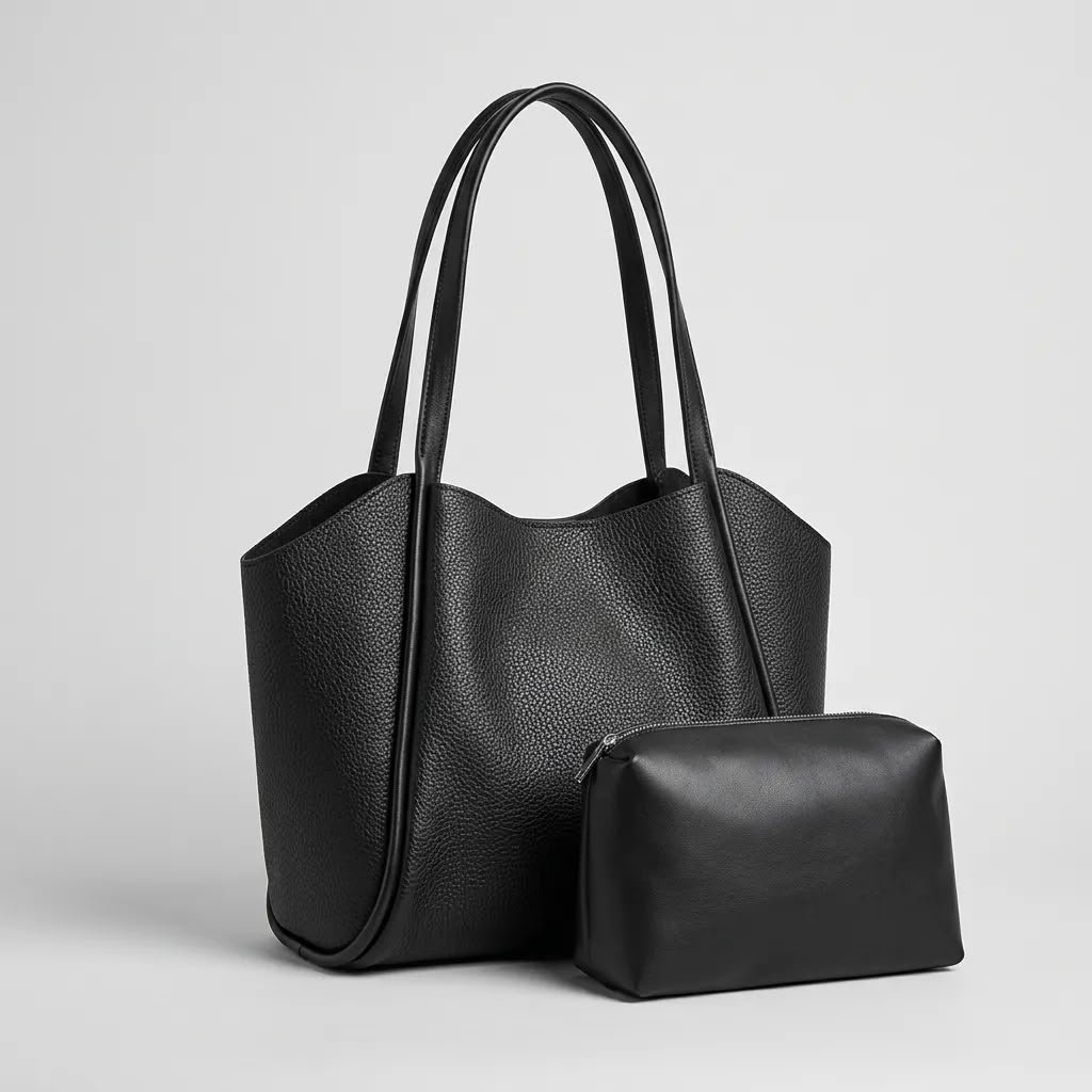 Kadın Siyah Yumuşak Deri Omuz Çantası 30×25 cm Ekstra Makyaj Çantalı